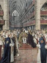 Spojené království (1901). Korunovace Eduarda VII. ve Westminsterském opatství. Ilustrace od Achilla Beltrameho publikovaná v Domenica del Corriere. Rytina.