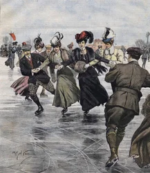 Zimní radovánky. Bruslaři. ilustrace Achille Beltrame v roce 1907.