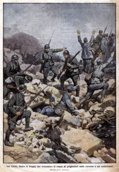 První světová válka: Italská fronta na náhorní plošině Carso (Trentino) a vězni v podzemí. "Domenica del Corriere". 07/1917 (litografie)