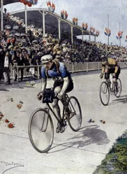 cyklista Peer Breton Vítěz Tour de France v roce 1908. ilustrace Achille Beltrame.