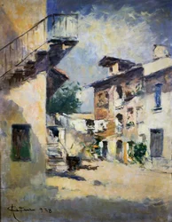 Achille Cattaneon (1872-1931) maalaismainen sisäpiha. Italia, 1900-luku.