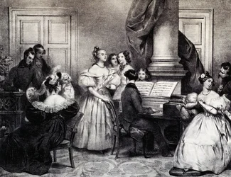 Rodinný koncert s klavírem, Achille Deveria (1800-1857), rytina, Francie