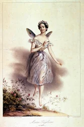 Marie Taglioni (1804 - 1884), balerína, znázorněná sylfidem - ilustrace Achille Deveria (1800 - 1857)