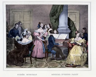 Hudební večer kolem pianoforte - v „“Les heures de la Parisienne““ od Achille Deveria