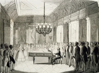 Musiikki-ilta pianon kanssa, Achille Deveria (1800-1857), kaiverrus, Ranska