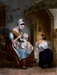 Sestra kojí dítě. Litografie, kolem roku 1850