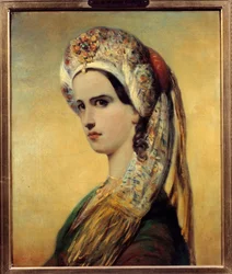 Portrét Elisabeth Felix dit Mademoiselle Rachel (1821-1858), herečka v roli Roxane ve hře Bajazet”” Jean Racine v roce 1838”” Obraz Achille Deveria (1800-1857) 1838 Paříž, Comedie francaise