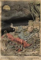 Cartoon on Queen Victoria od Achille Lemot (1846-1909) - 1899 - Nightmare - více bitev, více krve, více zlata...
