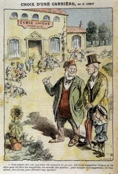 Volba kariéry: Cartoon on the Laique School – od Achile Lemota (1846-1909), v „“Le Pelerin““ ze 4.4.1909