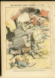 Ilustrace Achille Lemota (1846-1909) v Le Pelerin, 27/05/06 - Na cestě k ideálu - Sociální, Automobil, Mrtvoly, Revoluce, Rudá vlajka, Ekonomika, Socialismus, Pneumatika, Píchání