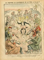 Ilustrace Achille Lemota (1846-1909) v Le Pelerin, 03/02/07 - Příprava mírové konference - Rusko, Německo Prusko, Asie, Hudba, Amerika USA USA, Anglie Velká Británie, Východ, Evropa, Itálie, Čína, Kanóny, mušle, Mír, Tanec, Francie, Odzbrojení
