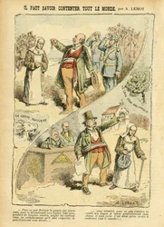 Ilustrace Achilla Lemota (1846-1909) v Le Pèlerin, 03/09/05 - Je třeba vědět, jak uspokojit všechny - Antiklerikalismus, antimasonství, náboženství a víra, medaile, Levý blok, katolicismus - Vyhánění řeholníků, sekularizace
