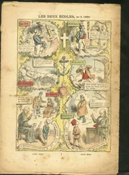 Ilustrace Achille Lemot (1846-1909) v Le Pelerin, 04/04/09 - Dvě školy - Učení, náboženství Víra, katolicismus Katolicismus - Laicisation Laicite Laiques Zákony - Učitel, lyceista, kolegiální, léky