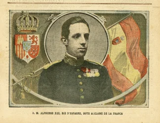 Ilustrace Achille Lemot (1846-1909) v Le Pelerin, 04.06.05 - Jeho Veličenstvo Alfonso XIII., král Španělska, Hote Acclame of France - Španělsko, Monarchie, Vlajky, Cizí panovník - Alfonso XIII