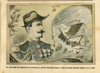 Ilustrace Achille Lemot (1846-1909) v Le Pelerin, 25.09.04 - Kapitán fregaty Cuverville, naše námořní spojení s Port-Arthur zmizelo od 17. srpna - Armee, Maritime Marine Nautique Balneaire, Port-Arthur, Naufrage - De Cuverville