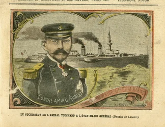 Ilustrace Achille Lemot (1846-1909) v Le Pelerin, 27/08/05 - Nástupce admirála Toucharda do generálního štábu - Armee, Marine Marine Balneaire, Staff, Warships - Admiral Admirals, Aubert Marie Jacques Charles (1848-1915 ), Touchard Philippe (18