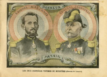 Ilustrace Achille Lemot (1846-1909) v Le Pelerin, 29.05.04 - Poslední dvě oběti ministerstva - Armee, Ministere de la guerre, Patriotisme - Laicisation Laicite Světské zákony - Marchand Jean-Baptiste (1863-1924) , generál Generaux, Jeannerod Gaspa