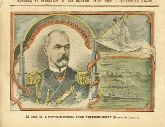 Ilustrace Achilla Lemota (1846-1909) v Le Pelerin, 30/04/05 - Velitel nové ruské Dálněvýchodní eskadry - Rusko, armáda, námořnictvo, moře, pobřeží, válečné lodě - Admirál, admirálové, Rožestvenskij (Zinovij Rožestvenskij)