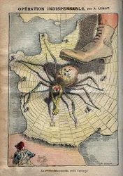 Nezbytná operace - Svobodné zednářství, zde je nepřítel! - karikatura Achilla Lemota v „Le Pèlerin“ z dubna 1907