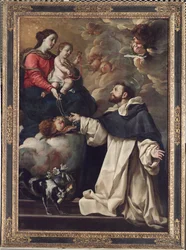 Panna Maria přednáší růženec světci Dominik, kolem 1679-88 (olej na plátně)