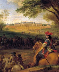 Příjezd krále Ludvíka XIV. (1638-1715) předchází tělesná stráž s výhledem na starý zámek Versailles v roce 1669 Obraz Adam Franz Van der Meulen (1632-1690) Kolem 1669 ne. 0,56x0,56m