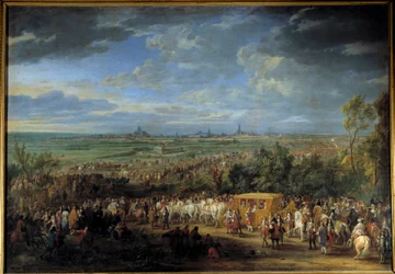Mezi králem Ludvíkem XIV. a královnou Marií Terezií 30. července 1667 v Arras““ Obraz Adama Van Der Meulena (1632-1690) 17. století Sun. 2,32 x 3,31 m
