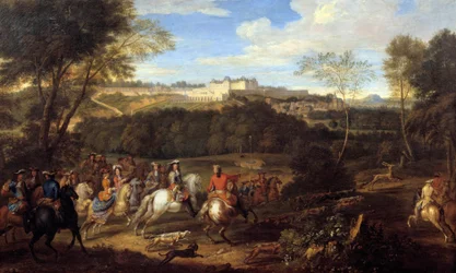 Král Ludvík XIV. (1638-1715) a dvorní lov na dohled zámku Meudon Obraz ze školy Adama Franse Van der Meulena (1632-1690) 17. století Slunce. 0,77x1,27