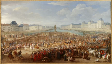 Král Ludvík XIV. (1638-1715) přejíždí Pont Neuf ve svém kočáře