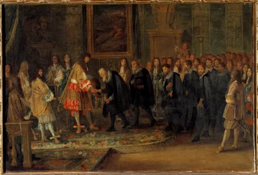 Král Ludvík XIV. přijímá švýcarské velvyslance v Louvru 11. 11. 1663 Obraz Adama Van der Meulena (1632-1690) 1664 Ne. 0,44x0,66 m