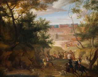 Pohled na Versailles s Ludvíkem XIV. a lovci, 1700.
