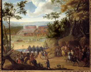 Pohled na Versailles v roce 1664 s francouzským králem Ludvíkem XIV. (1638-1715) a společností mušketýrů. Obraz od Adamse Franse Van der Meulena (1632-1690)