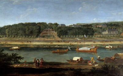 Pohled na hrad Saint Cloud s královskou galerií na Seině Obraz od Adama Van der Meulena (1632-1660)