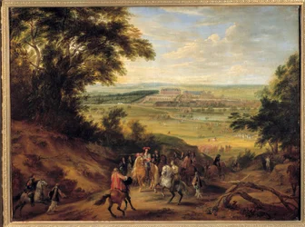 Pohled na zámek Versailles, pořízený z výšin Satory Ludvíka XIV. (1638-1715), který dával své rozkazy důstojníkovi lovů, s výhledem na zámek Versailles na výšinách Satory. Obraz Adama Franse van der Meulena (1632-1690). 1664 S