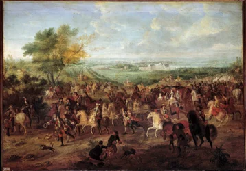 Procházka kočárem krále Ludvíka XIV. (1638-1715), rakouské královny Marie Terezie, dauphina Ludvíka a Dauphine před zámkem Clagny ve Versailles Obraz Adama van der Meulena (1632-1690) Kolem 1680 ne. 1,4x1,9
