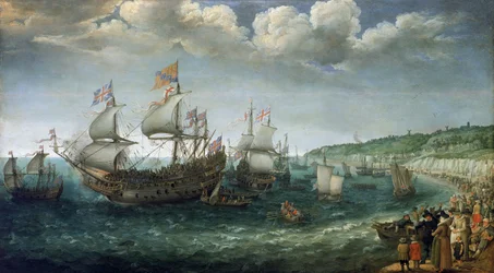 Nalodění Fridricha I. z Wittelsbachu (1596-1632), falckého kurfiřta (pozdějšího českého krále), na loď "Prince Royal" v Doveru (Anglie), 25. dubna.