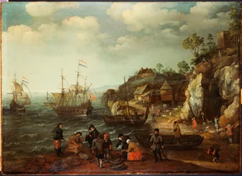 Pobřežní scéna s rybáři a lovci na břehu, 1626