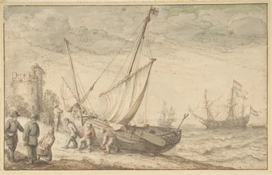 Fisherfolk táhnoucí svůj člun na pobřeží, n. d.