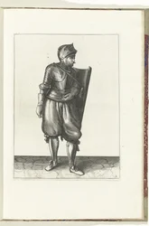 Cvičení s terčem a rapírem: voják přináší terč zezadu přes levé rameno (č. 2), 1618 Nassausche Wapen-Handelinge, van Schilt, Spies, Rappier a Targe: beyde figuerlick vyobrazeny a zarámované podle nového řádu (...