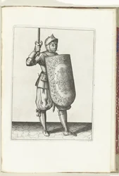 Cvičení s terčem a rapírem: voják drží natažený rapír nejvýše nad obličej (č. 5), 1618 Nassausche Wapen-Handelinge, van Schilt, Spies, Rappier a Targe: beyde figuerlick vyobrazeny a zarámované podle nového řádu [of]