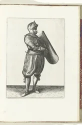Cvičení s terčem a rapírem: voják drží terč mírně dopředu, aby nakreslil rapír (č. 4), 1618 Nassausche Wapen-Handelinge, van Schilt, Spies, Rappier a Targe: beyde figuerlick vyobrazen a zarámovaný podle nového řádu