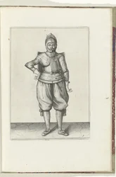 Vrták s terčem a rapírem: voják v klidu s terčem na zádech (č. 1), 1618 Nassausche Wapen-Handelinge, van Schilt, Spies, Rappier a Targe: vyobrazeny beyde figuerlick a zarámované podle nového řádu [z] (...) Mauritse van Nassy