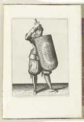 Vrták s terčem a rapírem: jak si má voják zavřít hledí přilby s terčem a nataženým rapírem v ruce (č. 7), 1618 Nassausche Wapen-Handelinge, van Schilt, Spies, Rappier a Targe: vyobrazení beyde figuerlick a