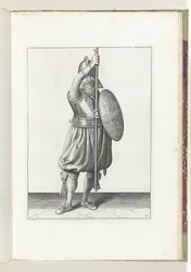Cvičení se štítem a kopím: voják vrací kopí do klidové polohy třikrát, druhý pohyb (č. 11), 1618 Nassausche Wapen-Handelinge, van Schilt, Spies, Rappier a Targe: beyde figuerlick vyobrazeny a zarámované po