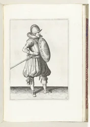 Cvičení štítu a hrotu: Voják přemístí hrot dvakrát do pozice tažení, druhý pohyb (č. 14), 1618 Nassausche Wapen-Handelinge, van Schilt, Spies, Rappier a Targe: zobrazeno beyde figuerlick, zarámováno po novém