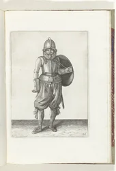 Cvičení The Shield and Spike: The Soldier vrací levou paží štít na záda (č. 26), 1618 De Nassausche Wapen-Handelinge, van Schilt, Spies, Rappier a Targe: zobrazeno beyde figuerlick, na konci zarámováno podle nového řádu (..