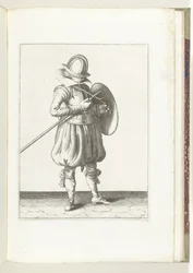 Cvičení The Shield and Spike: The Soldier Holding Spike and Shield Close to Body (č. 15), 1618 Nassausche Wapen-Handelinge, van Schilt, Spies, Rappier a Targe: vyobrazeny beyde figuerlick a zarámované podle nového řádu [z] (...) Maurita