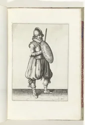 Cvičení The Shield and Spike: The Soldier at Attention with his Rapier and Shield in Front of the Trud (č. 20), 1618 De Nassausche Wapen-Handelinge, van Schilt, Spies, Rappier a Targe: zobrazeno beyde figuerlick, na konci zarámováno podle nového řádu [of] 