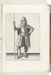 Cvičení The Shield and Spike: The Soldier at Rest, Spike in Hand and Shield on Back (č. 1), 1618 Nassausche Wapen-Handelinge, van Schilt, Spies, Rappier a Targe: zobrazeno beyde figuerlick, zarámováno podle nového řádu [z] (
