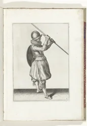 Cvičení Štít a bodec: Voják s bodcem zahnutým do obou rukou a štítem na zádech (č. 2), 1618 Nassausche Wapen-Handelinge, van Schilt, Spies, Rappier a Targe: beyde figuerlick vyobrazeny a zarámované podle nového řádu [va