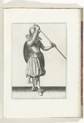 Cvičení Štít a bodec: Voják s bodcem zahnutým do obou rukou s pravou rukou na hlavě a štítem na zádech (č. 3), 1618 Nassausche Wapen-Handelinge, van Schilt, Spies, Rappier a Targe: zobrazeno beyde figuerlick, konec